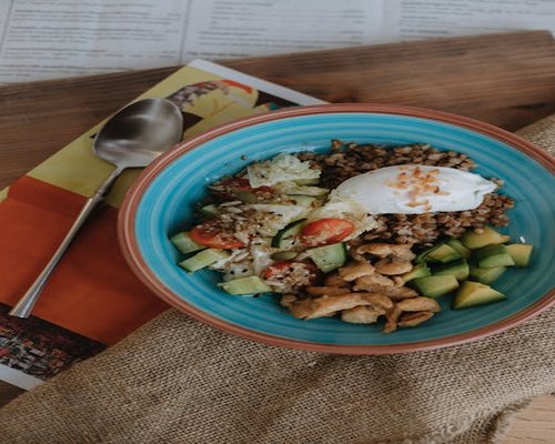 Healthy homemade lunch bowl on a sunny table